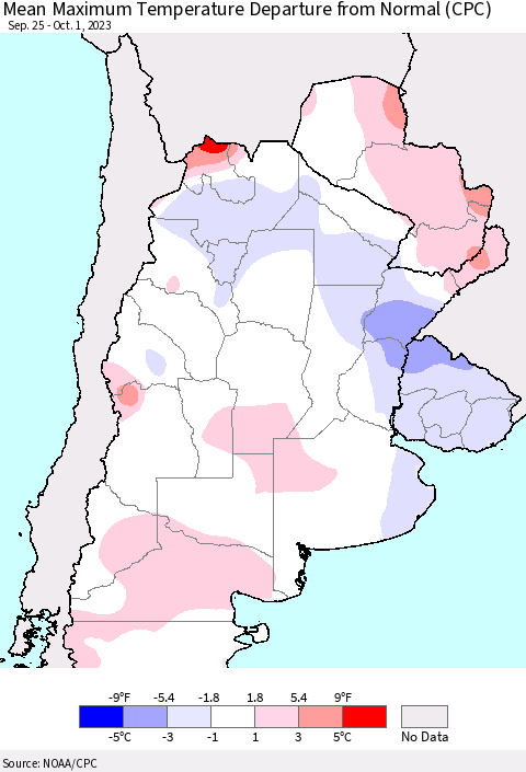 Southern South America Mean Maximum Temperature Departure from Normal (CPC) Thematic Map For 9/25/2023 - 10/1/2023