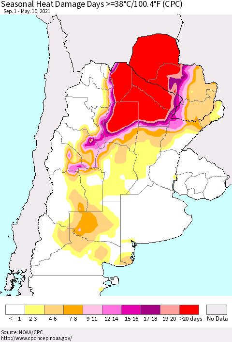 Southern South America Seasonal Heat Damage Days >=38°C/100°F (CPC) Thematic Map For 9/1/2020 - 5/10/2021