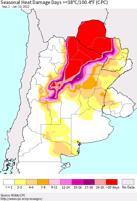 Southern South America Seasonal Heat Damage Days >=38°C/100°F (CPC) Thematic Map For 9/1/2021 - 1/10/2022