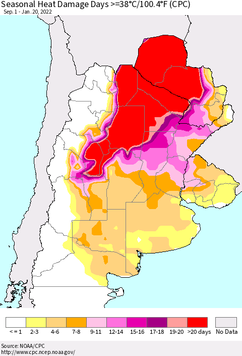 Southern South America Seasonal Heat Damage Days >=38°C/100°F (CPC) Thematic Map For 9/1/2021 - 1/20/2022