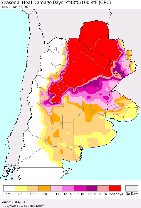 Southern South America Seasonal Heat Damage Days >=38°C/100°F (CPC) Thematic Map For 9/1/2021 - 1/31/2022