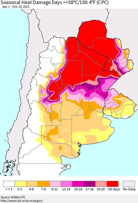 Southern South America Seasonal Heat Damage Days >=38°C/100°F (CPC) Thematic Map For 9/1/2021 - 2/10/2022