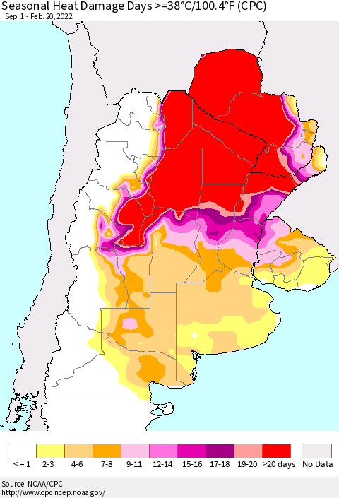 Southern South America Seasonal Heat Damage Days >=38°C/100°F (CPC) Thematic Map For 9/1/2021 - 2/20/2022