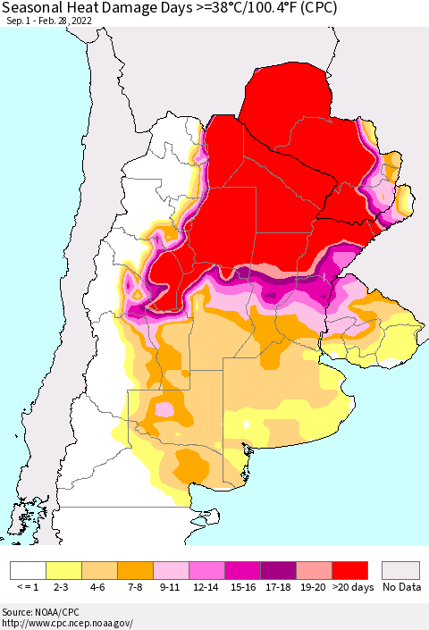 Southern South America Seasonal Heat Damage Days >=38°C/100°F (CPC) Thematic Map For 9/1/2021 - 2/28/2022