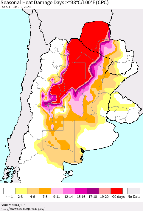Southern South America Seasonal Heat Damage Days >=38°C/100°F (CPC) Thematic Map For 9/1/2022 - 1/10/2023