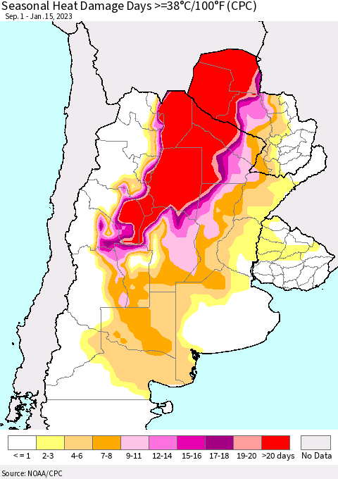 Southern South America Seasonal Heat Damage Days >=38°C/100°F (CPC) Thematic Map For 9/1/2022 - 1/15/2023