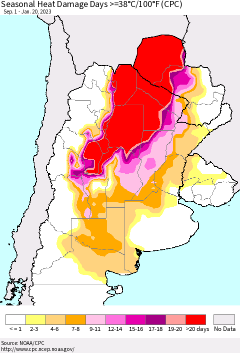Southern South America Seasonal Heat Damage Days >=38°C/100°F (CPC) Thematic Map For 9/1/2022 - 1/20/2023