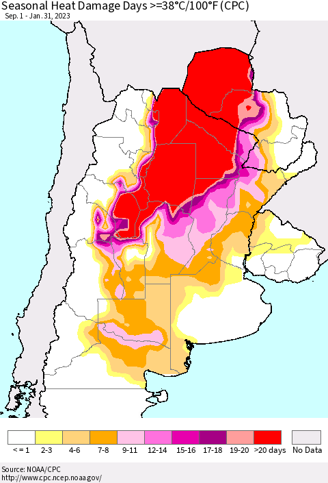 Southern South America Seasonal Heat Damage Days >=38°C/100°F (CPC) Thematic Map For 9/1/2022 - 1/31/2023