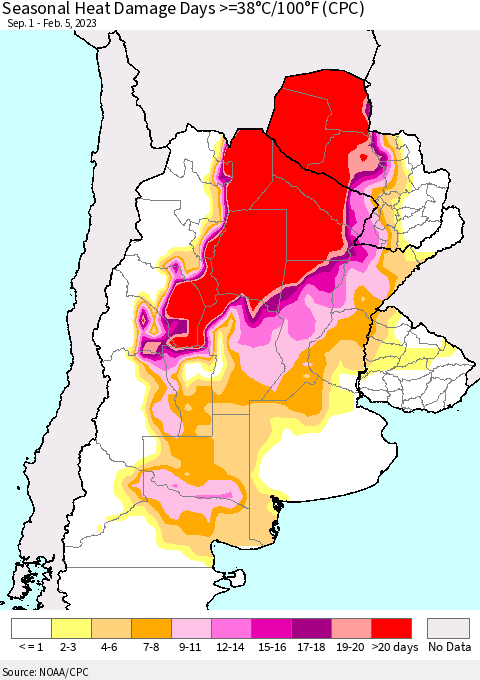 Southern South America Seasonal Heat Damage Days >=38°C/100°F (CPC) Thematic Map For 9/1/2022 - 2/5/2023