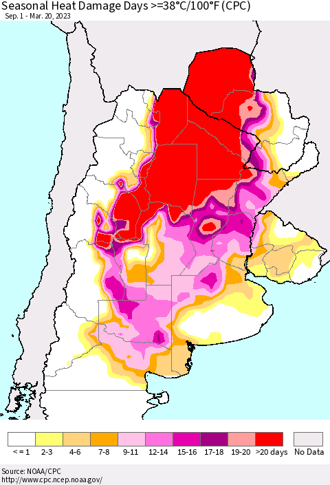 Southern South America Seasonal Heat Damage Days >=38°C/100°F (CPC) Thematic Map For 9/1/2022 - 3/20/2023