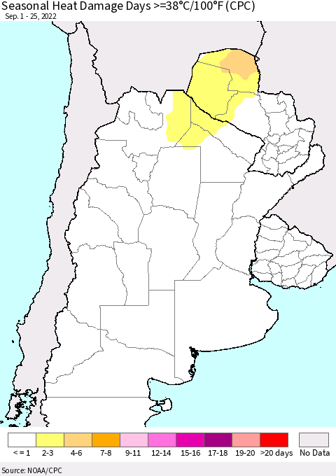 Southern South America Seasonal Heat Damage Days >=38°C/100°F (CPC) Thematic Map For 9/1/2022 - 9/25/2022