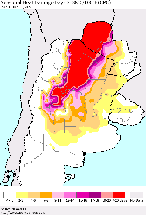 Southern South America Seasonal Heat Damage Days >=38°C/100°F (CPC) Thematic Map For 9/1/2022 - 12/31/2022