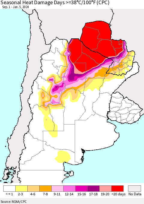 Southern South America Seasonal Heat Damage Days >=38°C/100°F (CPC) Thematic Map For 9/1/2023 - 1/5/2024