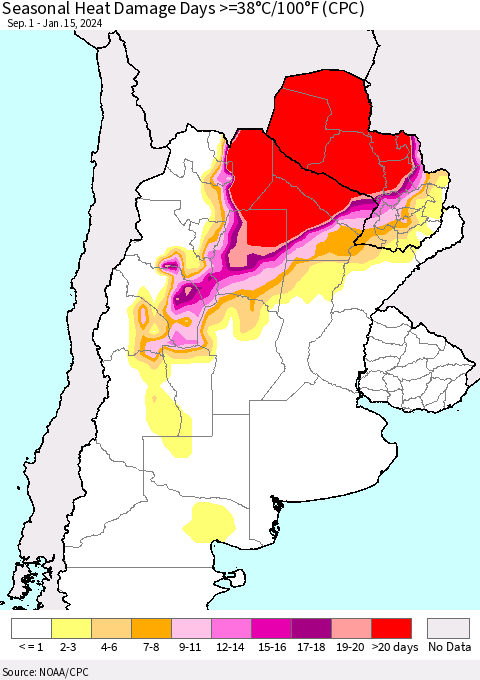 Southern South America Seasonal Heat Damage Days >=38°C/100°F (CPC) Thematic Map For 9/1/2023 - 1/15/2024