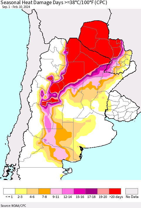 Southern South America Seasonal Heat Damage Days >=38°C/100°F (CPC) Thematic Map For 9/1/2023 - 2/10/2024
