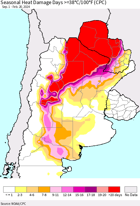 Southern South America Seasonal Heat Damage Days >=38°C/100°F (CPC) Thematic Map For 9/1/2023 - 2/20/2024