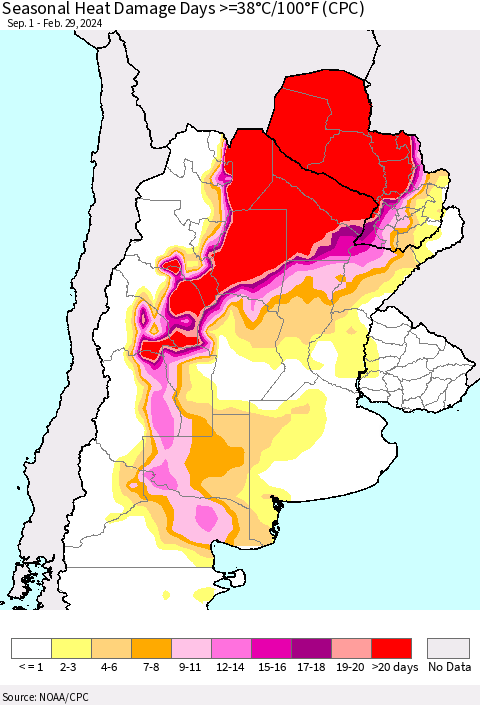 Southern South America Seasonal Heat Damage Days >=38°C/100°F (CPC) Thematic Map For 9/1/2023 - 2/29/2024
