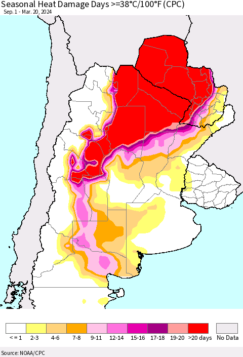 Southern South America Seasonal Heat Damage Days >=38°C/100°F (CPC) Thematic Map For 9/1/2023 - 3/20/2024