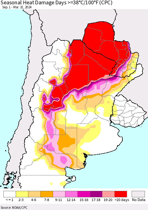 Southern South America Seasonal Heat Damage Days >=38°C/100°F (CPC) Thematic Map For 9/1/2023 - 3/31/2024