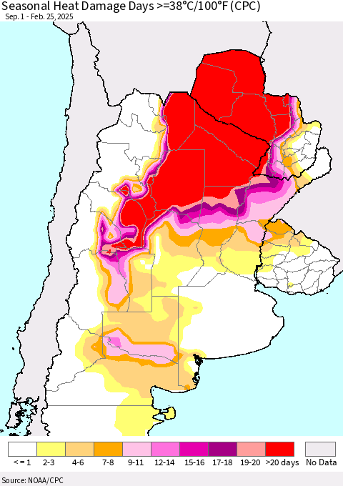 Southern South America Seasonal Heat Damage Days >=38°C/100°F (CPC) Thematic Map For 9/1/2024 - 2/25/2025