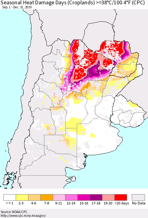 Southern South America Seasonal Heat Damage Days (Croplands) >=38°C/100°F (CPC) Thematic Map For 9/1/2019 - 12/31/2019