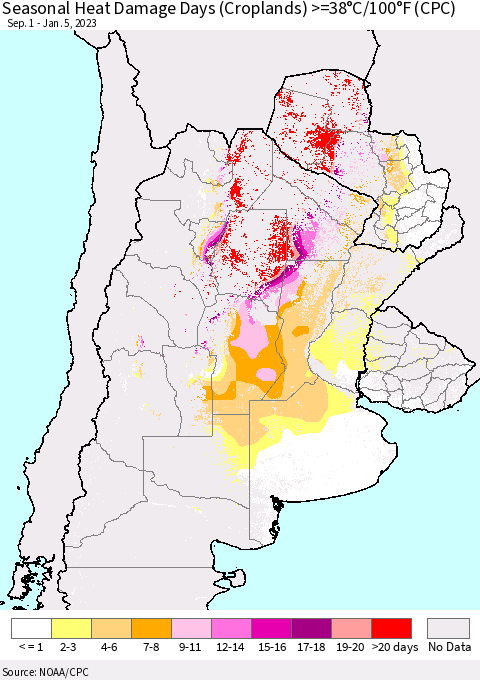 Southern South America Seasonal Heat Damage Days (Croplands) >=38°C/100°F (CPC) Thematic Map For 9/1/2022 - 1/5/2023