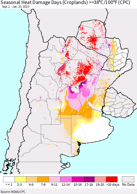 Southern South America Seasonal Heat Damage Days (Croplands) >=38°C/100°F (CPC) Thematic Map For 9/1/2022 - 1/25/2023