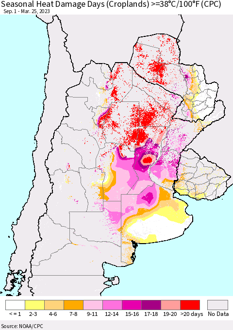 Southern South America Seasonal Heat Damage Days (Croplands) >=38°C/100°F (CPC) Thematic Map For 9/1/2022 - 3/25/2023