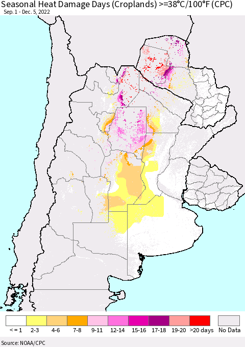 Southern South America Seasonal Heat Damage Days (Croplands) >=38°C/100°F (CPC) Thematic Map For 9/1/2022 - 12/5/2022
