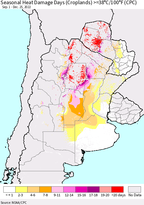 Southern South America Seasonal Heat Damage Days (Croplands) >=38°C/100°F (CPC) Thematic Map For 9/1/2022 - 12/25/2022