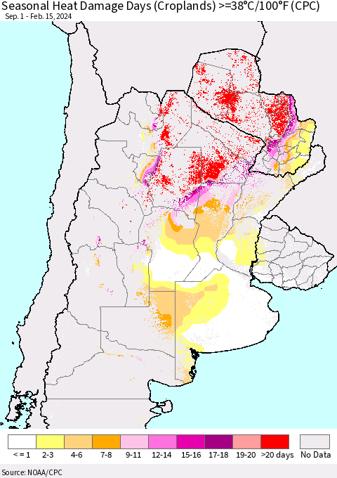 Southern South America Seasonal Heat Damage Days (Croplands) >=38°C/100°F (CPC) Thematic Map For 9/1/2023 - 2/15/2024