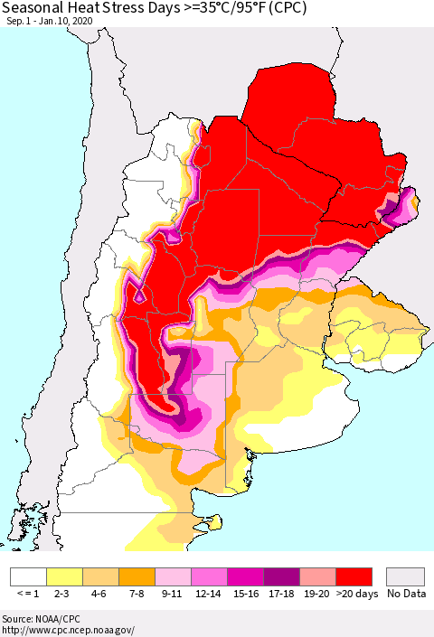 Southern South America Seasonal Heat Stress Days >=35°C/95°F (CPC) Thematic Map For 9/1/2019 - 1/10/2020