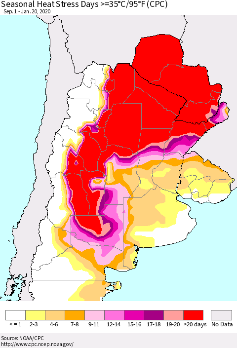 Southern South America Seasonal Heat Stress Days >=35°C/95°F (CPC) Thematic Map For 9/1/2019 - 1/20/2020