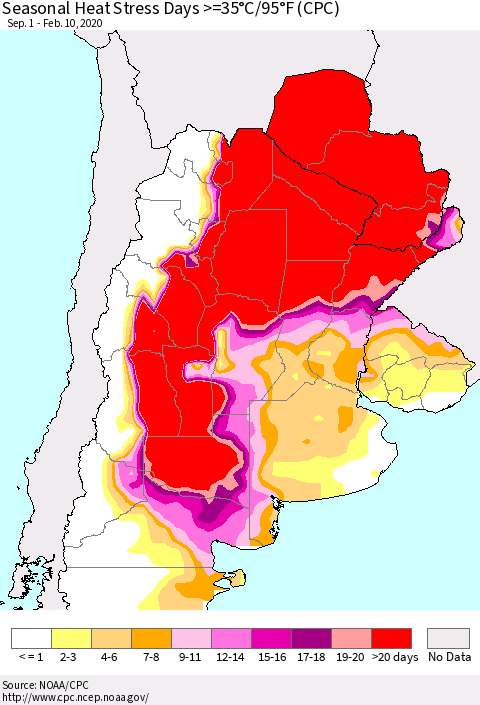 Southern South America Seasonal Heat Stress Days >=35°C/95°F (CPC) Thematic Map For 9/1/2019 - 2/10/2020