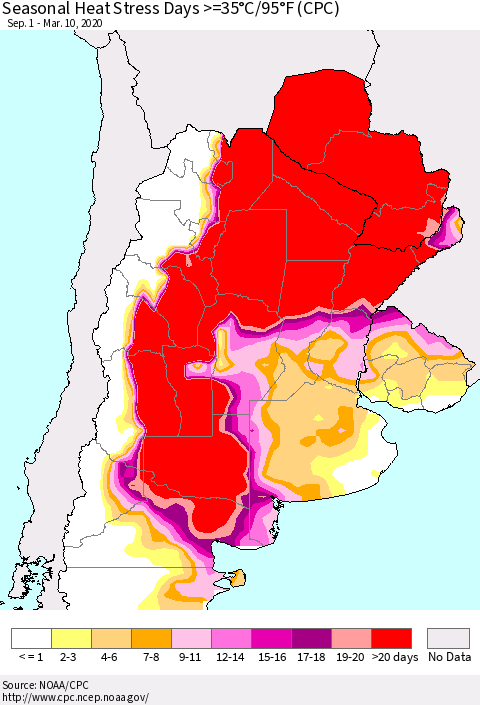 Southern South America Seasonal Heat Stress Days >=35°C/95°F (CPC) Thematic Map For 9/1/2019 - 3/10/2020