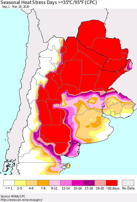 Southern South America Seasonal Heat Stress Days >=35°C/95°F (CPC) Thematic Map For 9/1/2019 - 3/20/2020