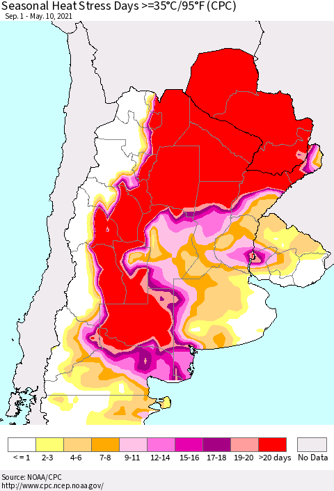 Southern South America Seasonal Heat Stress Days >=35°C/95°F (CPC) Thematic Map For 9/1/2020 - 5/10/2021