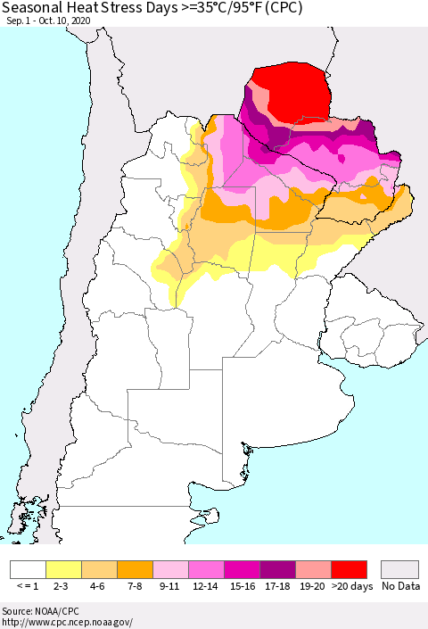 Southern South America Seasonal Heat Stress Days >=35°C/95°F (CPC) Thematic Map For 9/1/2020 - 10/10/2020