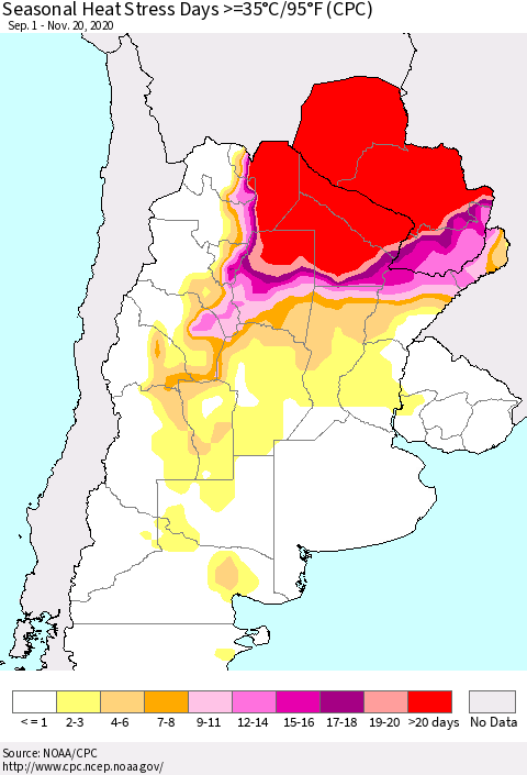 Southern South America Seasonal Heat Stress Days >=35°C/95°F (CPC) Thematic Map For 9/1/2020 - 11/20/2020
