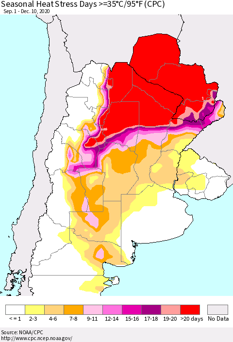 Southern South America Seasonal Heat Stress Days >=35°C/95°F (CPC) Thematic Map For 9/1/2020 - 12/10/2020
