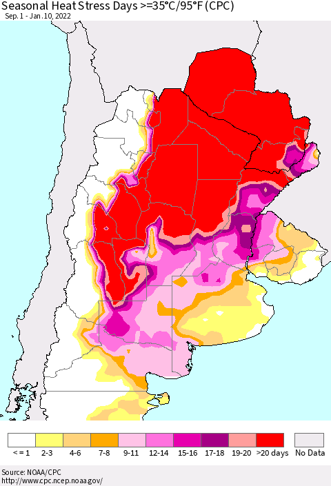 Southern South America Seasonal Heat Stress Days >=35°C/95°F (CPC) Thematic Map For 9/1/2021 - 1/10/2022