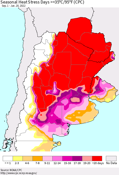 Southern South America Seasonal Heat Stress Days >=35°C/95°F (CPC) Thematic Map For 9/1/2021 - 1/20/2022