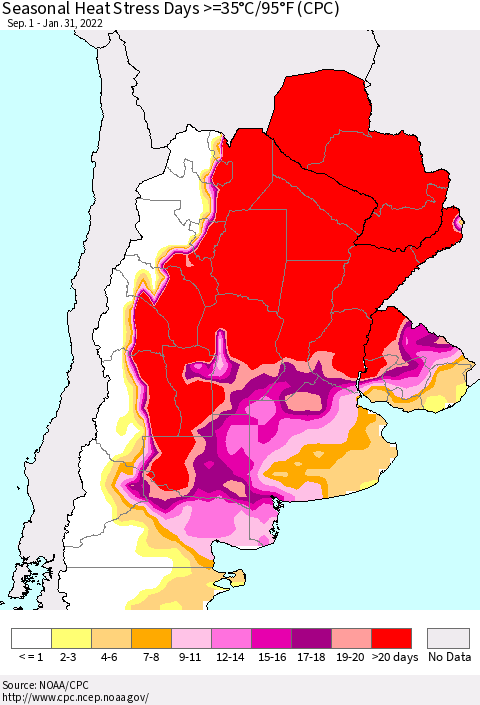 Southern South America Seasonal Heat Stress Days >=35°C/95°F (CPC) Thematic Map For 9/1/2021 - 1/31/2022