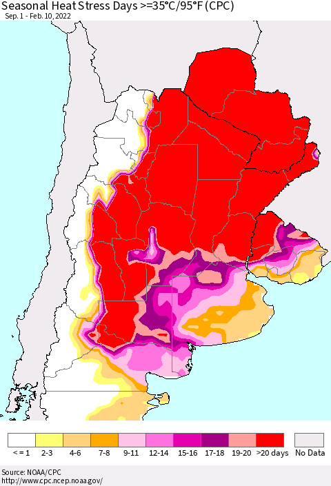 Southern South America Seasonal Heat Stress Days >=35°C/95°F (CPC) Thematic Map For 9/1/2021 - 2/10/2022