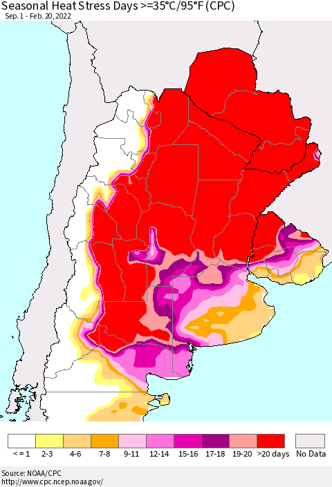 Southern South America Seasonal Heat Stress Days >=35°C/95°F (CPC) Thematic Map For 9/1/2021 - 2/20/2022