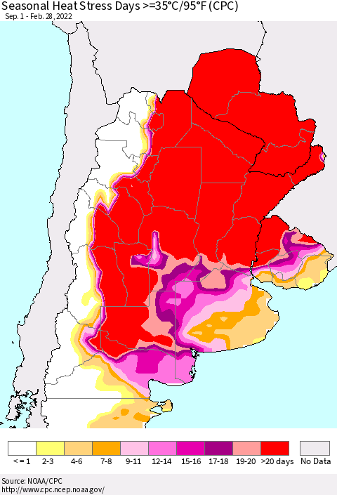 Southern South America Seasonal Heat Stress Days >=35°C/95°F (CPC) Thematic Map For 9/1/2021 - 2/28/2022