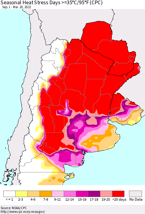 Southern South America Seasonal Heat Stress Days >=35°C/95°F (CPC) Thematic Map For 9/1/2021 - 3/20/2022