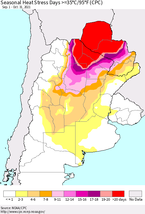 Southern South America Seasonal Heat Stress Days >=35°C/95°F (CPC) Thematic Map For 9/1/2021 - 10/31/2021