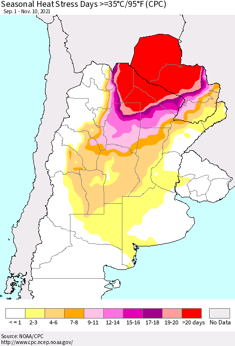 Southern South America Seasonal Heat Stress Days >=35°C/95°F (CPC) Thematic Map For 9/1/2021 - 11/10/2021