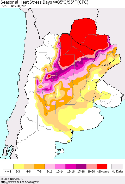 Southern South America Seasonal Heat Stress Days >=35°C/95°F (CPC) Thematic Map For 9/1/2021 - 11/30/2021